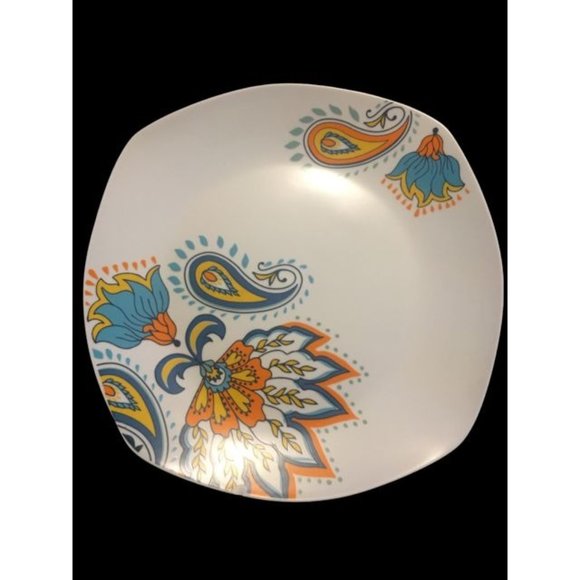 Square Dinner Plates Tabletops Gallery White Orange Blue  Paisley 10" Set of 4 - Picture 1 of 3